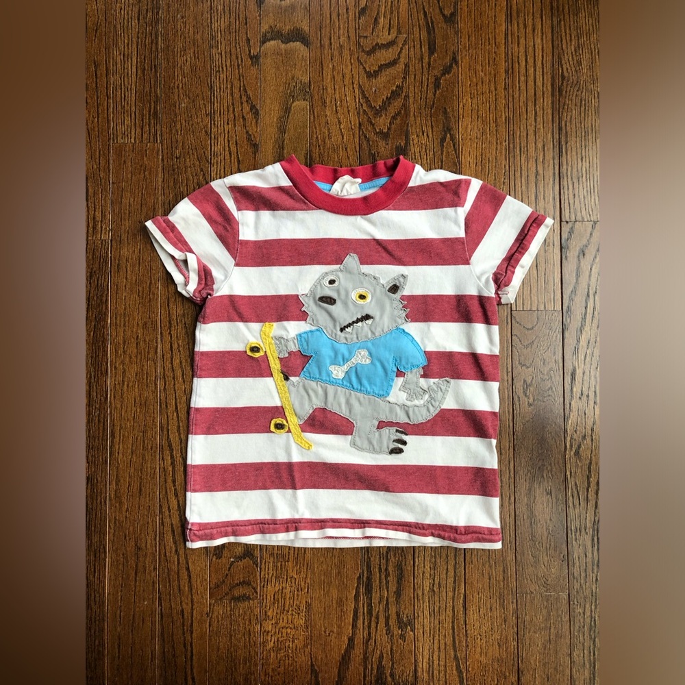 Mini Boden Boys 5-6Y Striped Rugby Short-Sleeve Wolf/Skateboard Appliqué Shirt
